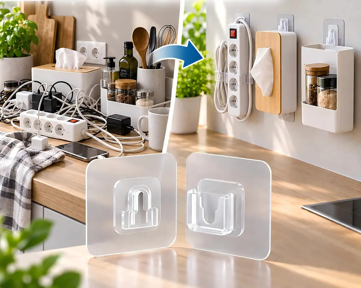 ✅Double-sided adhesive hooks – Mount without drilling.😁More space. More organization. No drilling required.