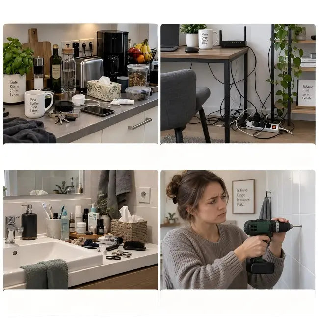 ✅Double-sided adhesive hooks – Mount without drilling.😁More space. More organization. No drilling required.